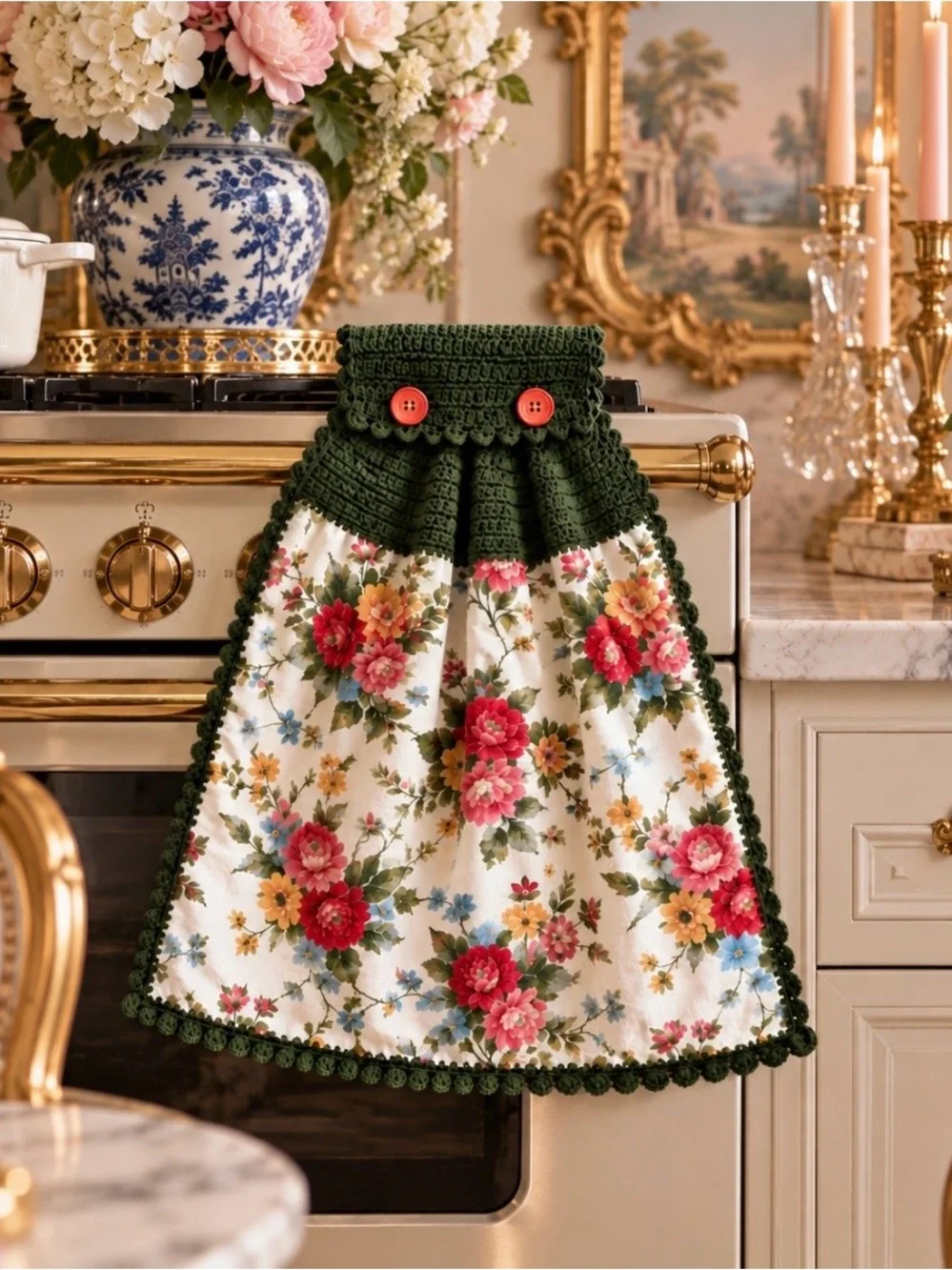 Pioneer Woman Floral Crochet Hanging Kitchen Towel Moss Green Handmade